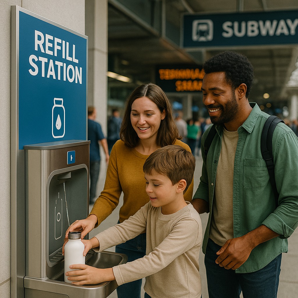 Family using water refill station - father, mother and child filling reusable water bottle together